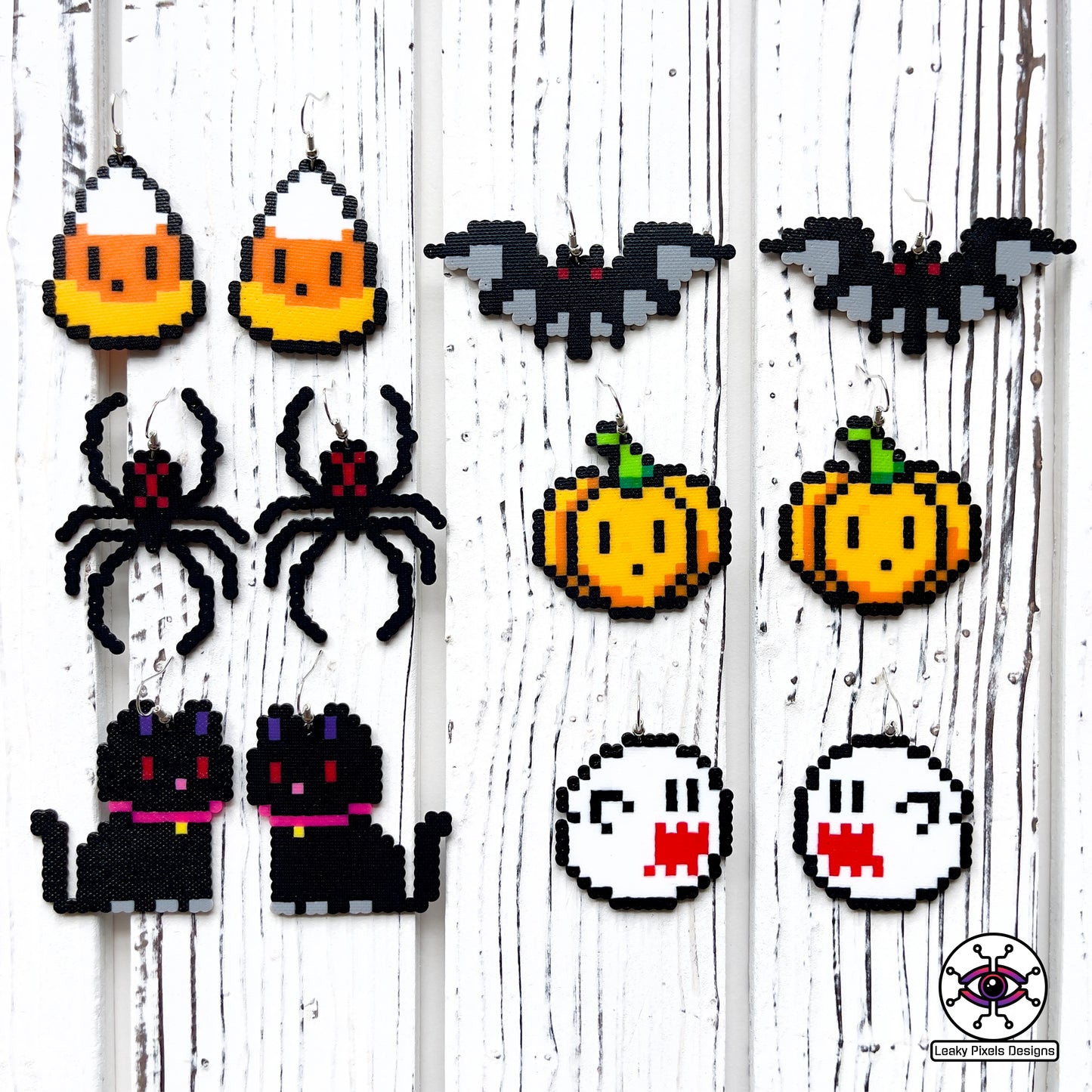 halloween perler earrings, candy corn, bat, super mario boo ghost, black widow spider, pumpkin, black cat by leaky pixels
