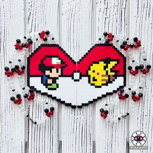 Ash and Pikachu heart perler necklace by leaky pixels