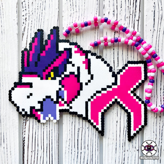 Pink and white trex perler necklace made by leaky pixels. the trex is bursting through the excision x with a piece in its mouth.