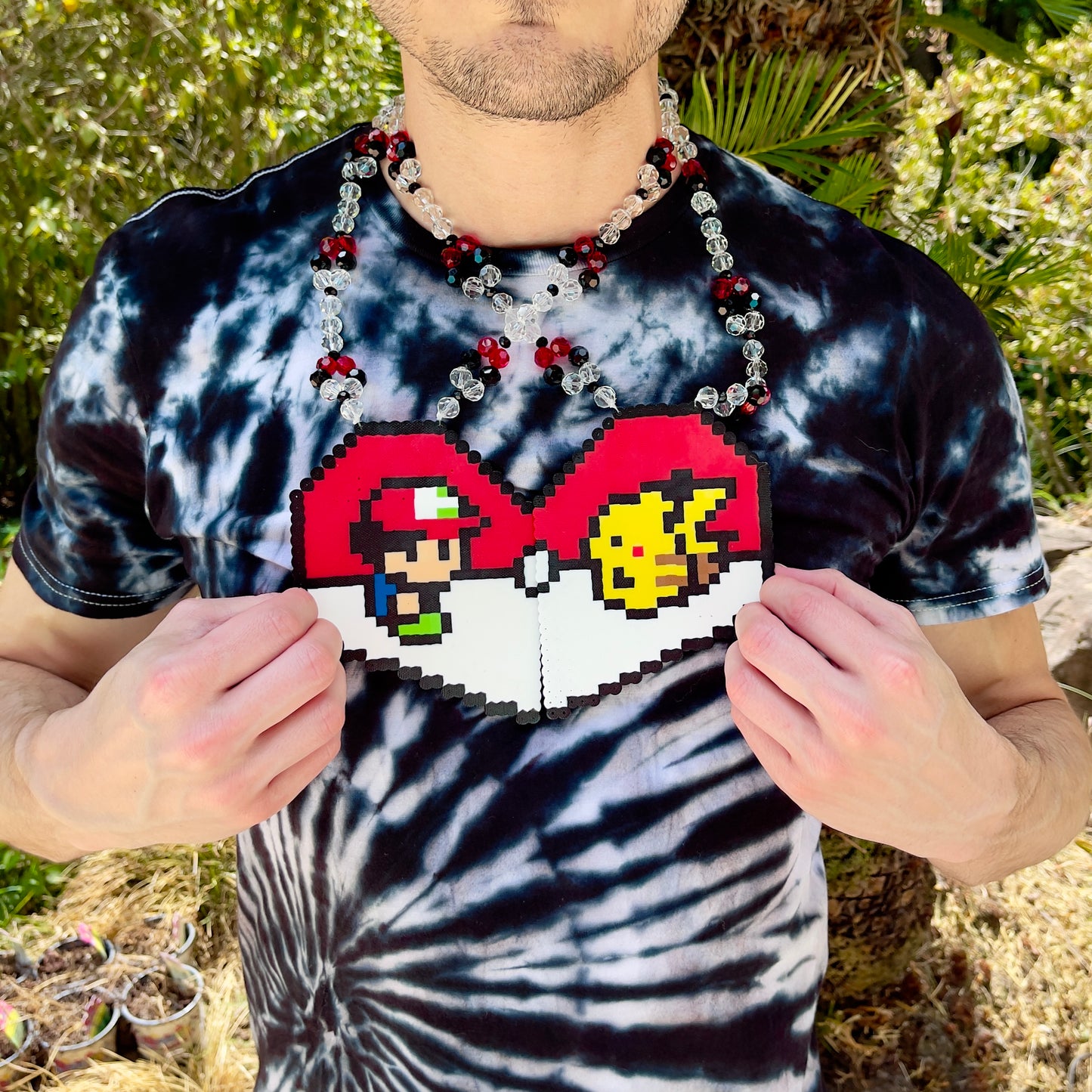 Ash and Pikachu heart perler necklace by leaky pixels