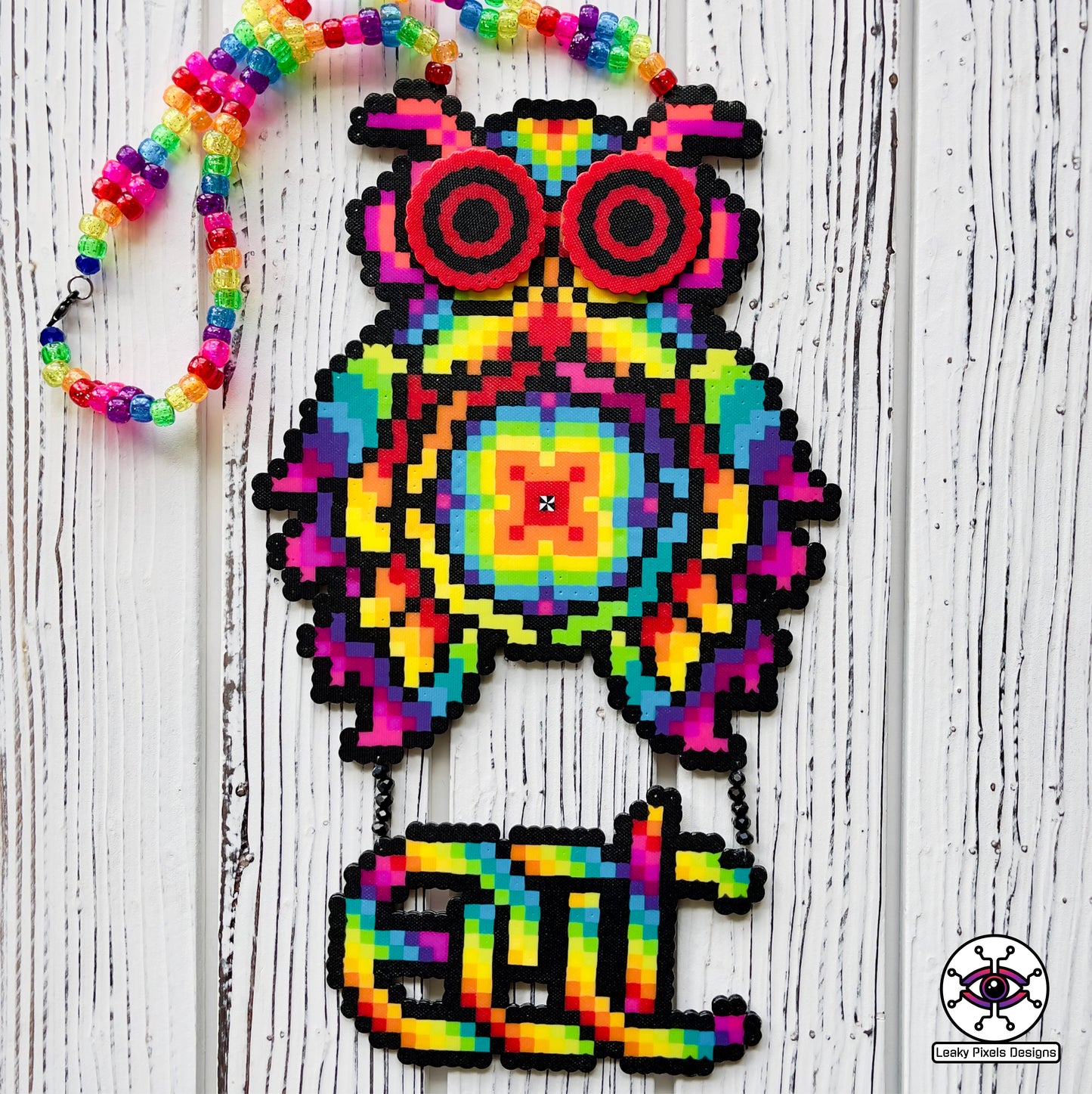edc owl rainbow rezz perler necklace by leaky pixels