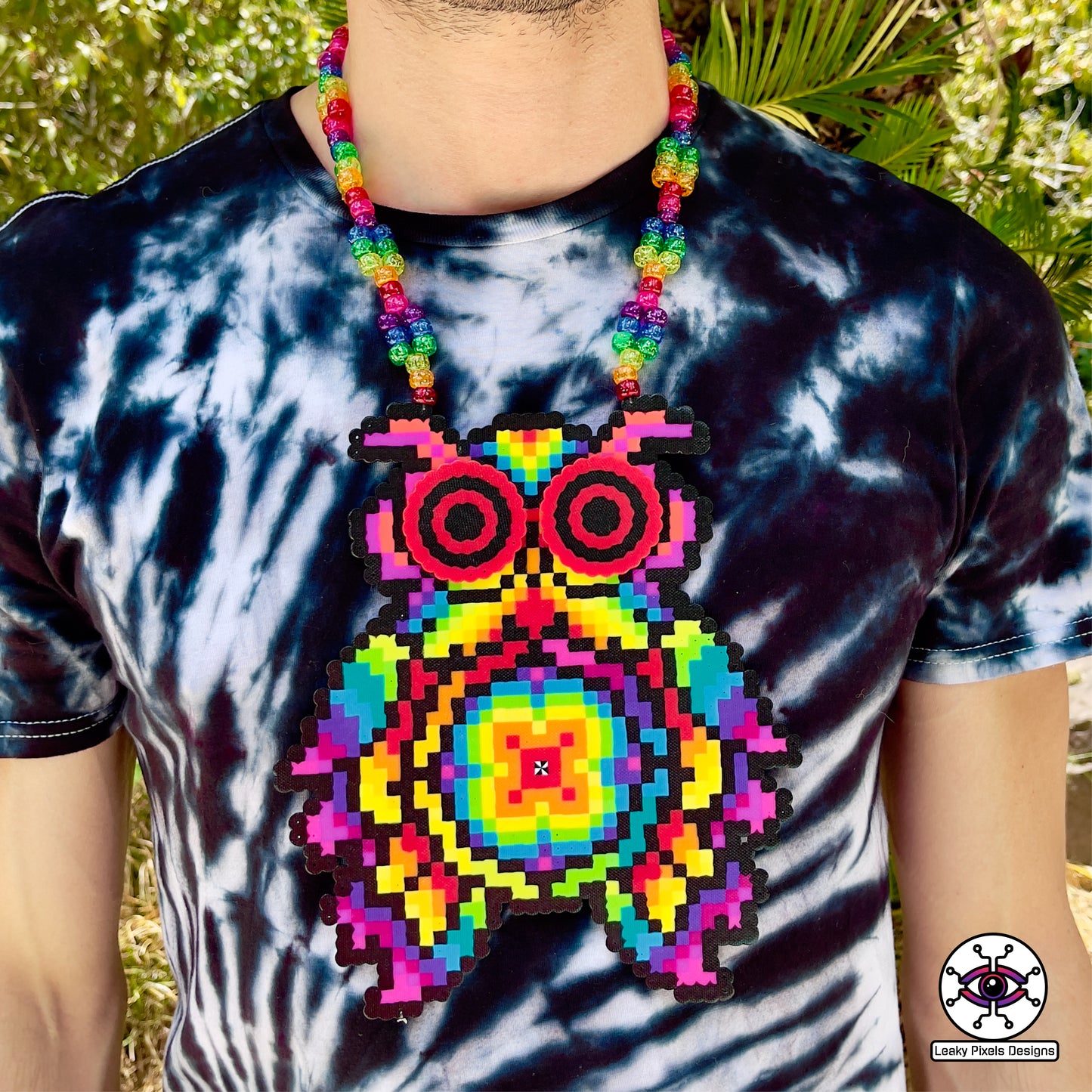 edc owl rainbow rezz perler necklace by leaky pixels