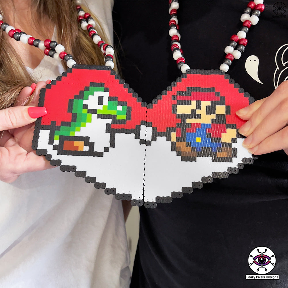 Yoshi and Mario perler necklace heart pokemon by leaky pixels