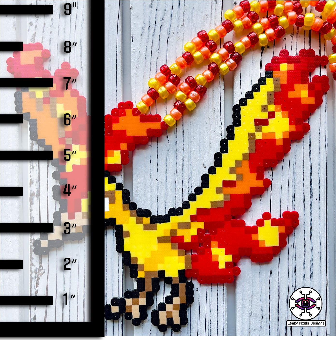 Moltres pokemon perler necklace made by leaky pixels. fire type legendary bird with fire blazing from its body. perlernecklace is made from orange, red and yellow pony beads.