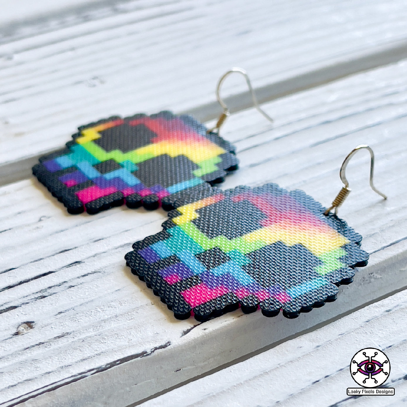 rainbow perler skull earrings by leaky pixels