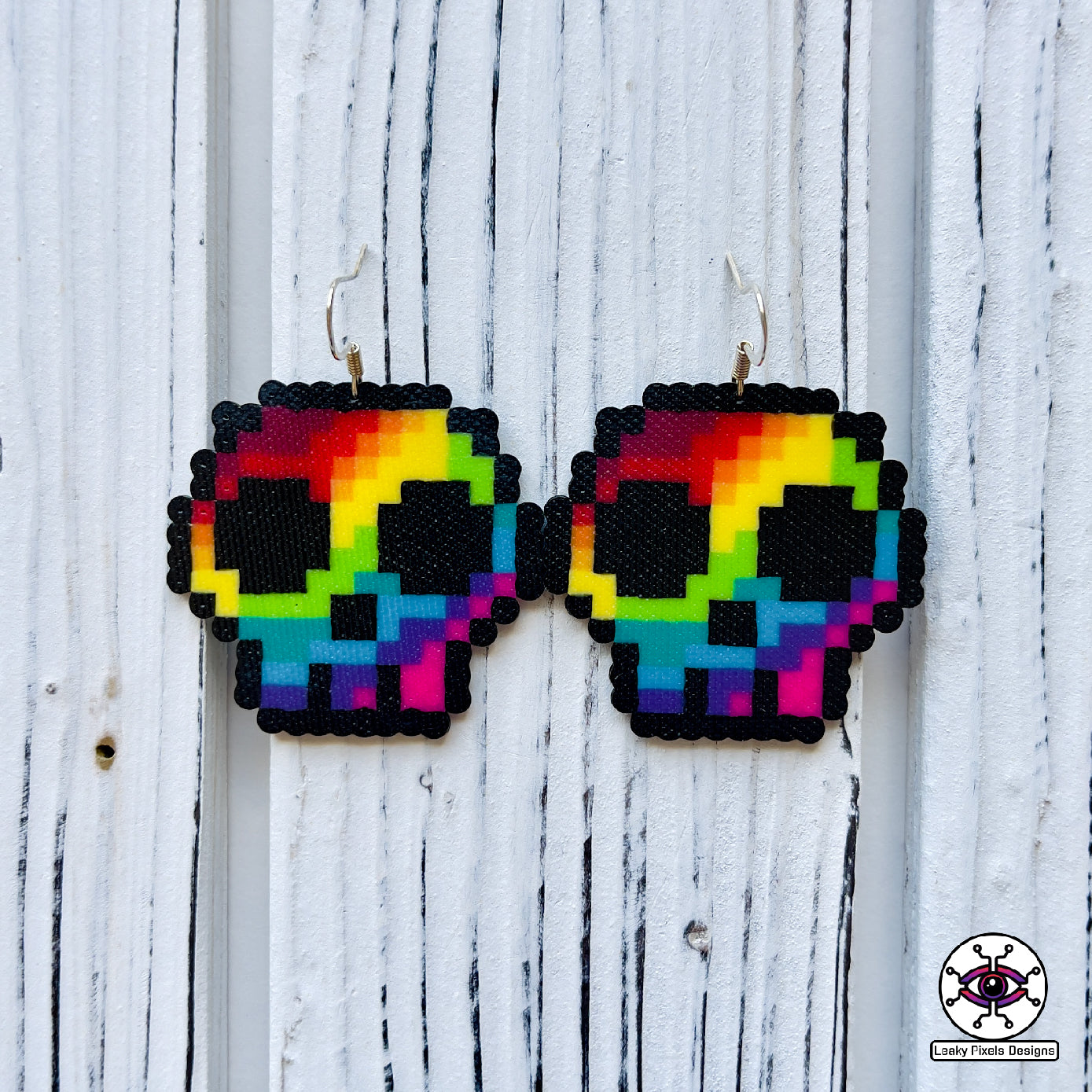 rainbow perler skull earrings by leaky pixels